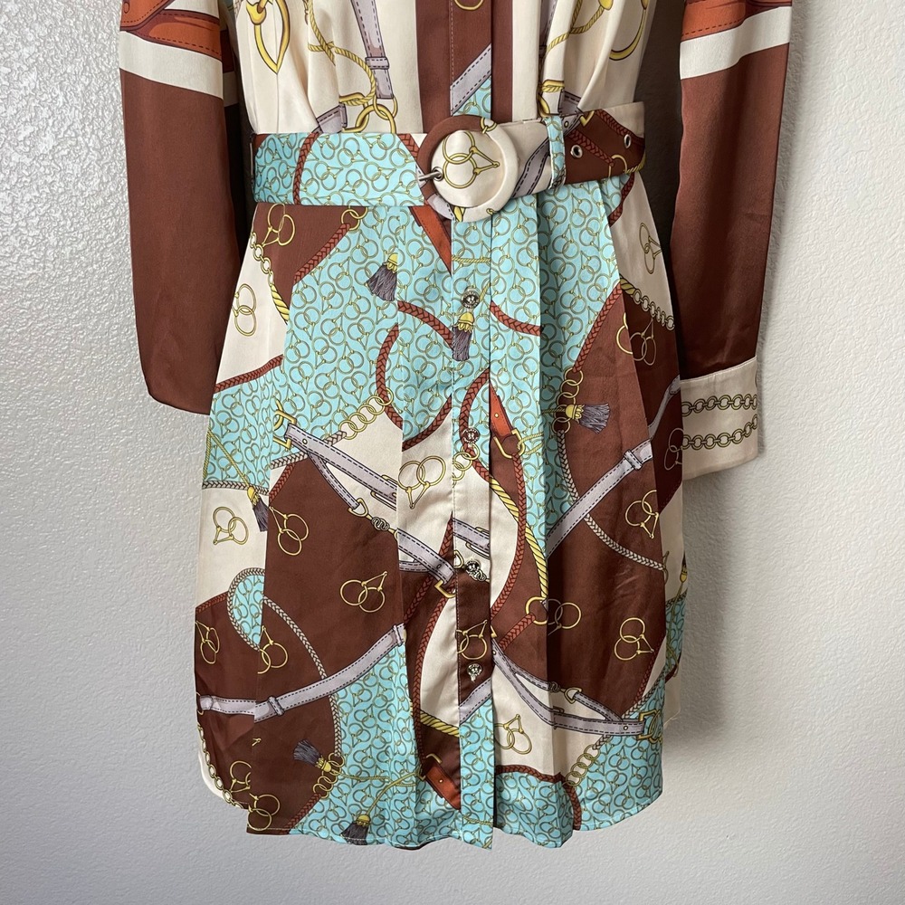 Marciano by Guess Dress US 2 Brown Teal Equestrian Scarf Print Belted Western - Picture 5 of 12